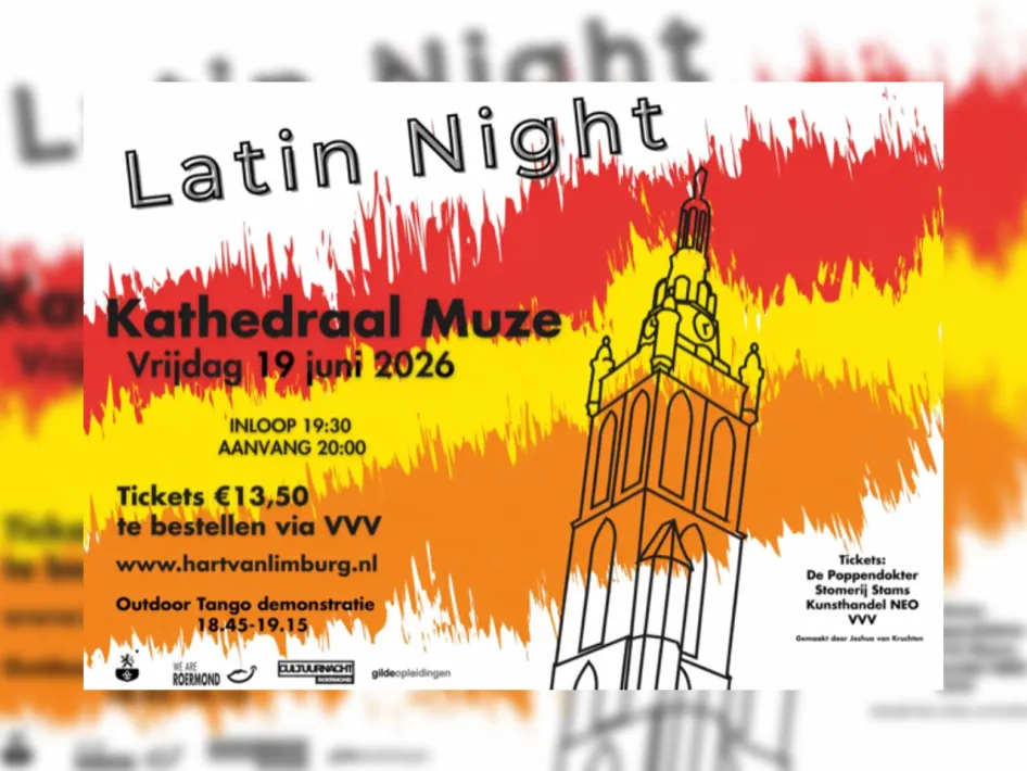 Poster van Kathedraalmuze Latin Night op 19 juni 2026 in Roermond, met kleurrijke verfstreken en een lijntekening van de kathedraal.
