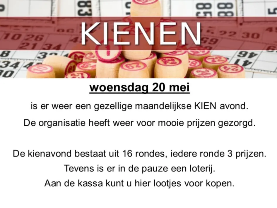 Kienen in Thorn met kienkaarten en houten nummerschijfjes voor de maandelijkse kienavond op woensdag 20 mei.