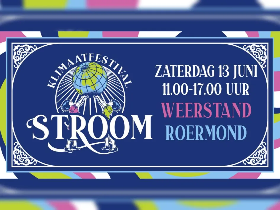 Logo van Klimaatfestival STROOM met datum, tijd en locatie bij Weerstand in Roermond.