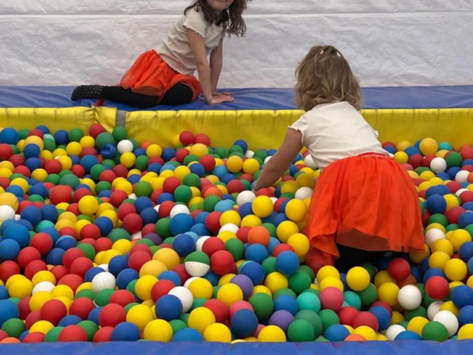 Kinderen spelen in een ballenbak tijdens Koningsplein in Ospeldijk.