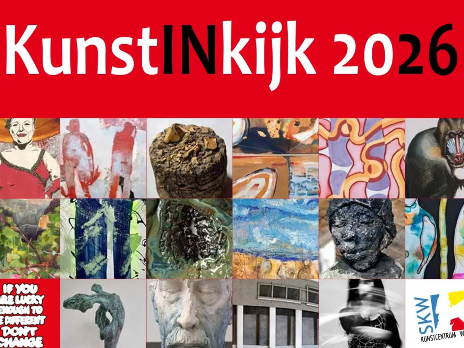 Poster KunstInKijk 2026 met diverse kunstwerken en stijlen. Ontdek kunst in Weert.