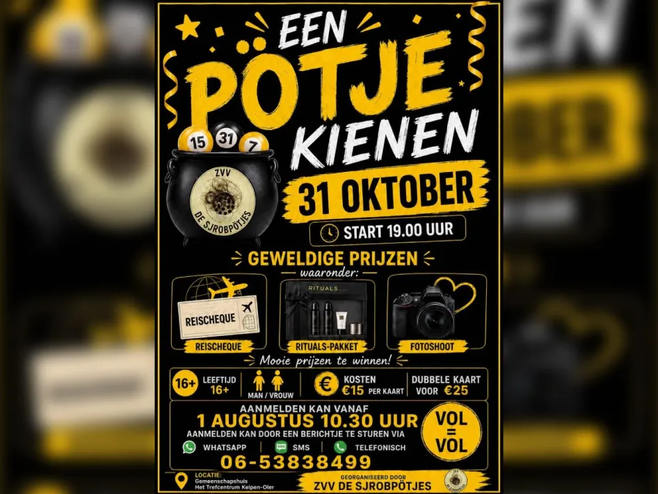 Poster voor de luxe kienavond in Kelpen-Oler op 31 oktober, georganiseerd door ZVV de Sjrobpötjes.