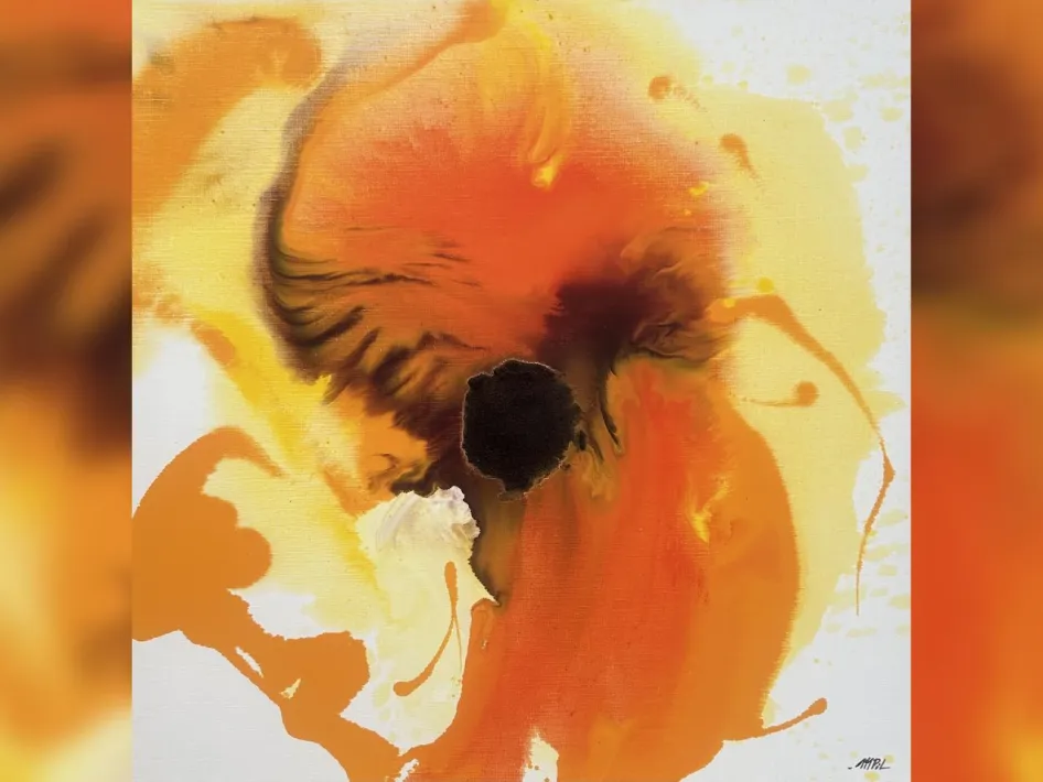 Abstract schilderij van Mathilde Pil met warme tinten geel, oranje en zwart, geïnspireerd door de energie en kleuren van een bloem uit de Braziliaanse natuur.