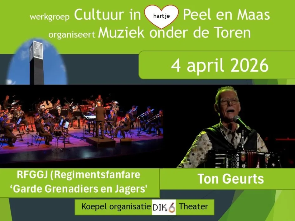 Poster van Muziek onder de Toren op 4 april 2026 met orkest, zanger Ton Geurts en RFGGJ in DOK6 Theater.