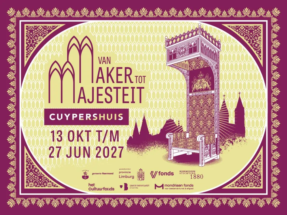 Illustratie van de tentoonstelling Van Maker tot Majesteit in het Cuypershuis, met de Koninklijke Troon in de periode 13 oktober 2026 tot en met 27 juni 2027.