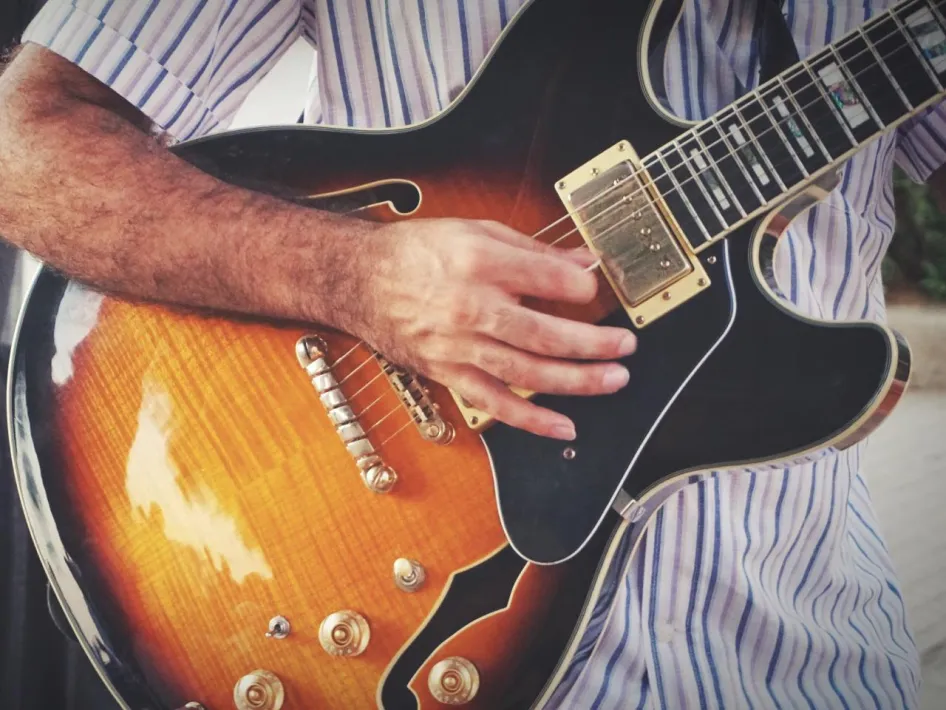 close-up van een jazzgitaar bij jazz Peelpodium Ospel
