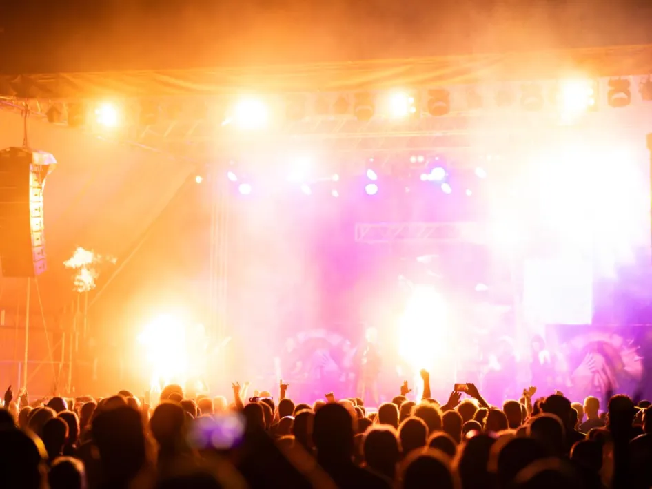 Publiek bij een verlicht podium tijdens Rock am Roer 2026.