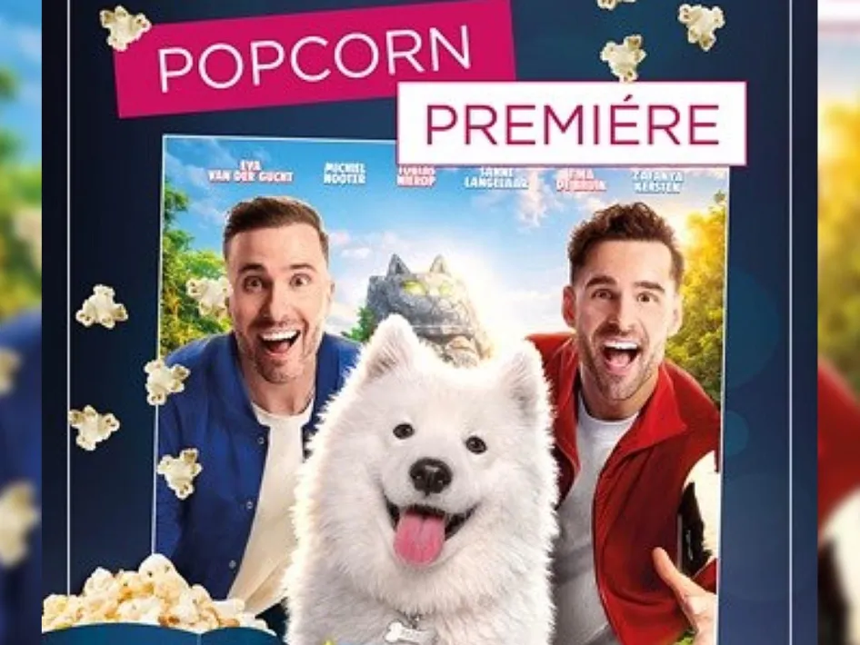 Poster van de Popcorn Première voor Rutger, Thomas & Paco 2 met Rutger, Thomas, hond Paco en een bak popcorn.