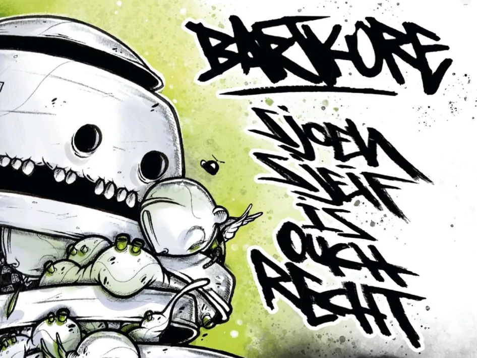 Expositie BARTKORE met illustratie van robotachtige figuren en de titel Sjoen Sjeif is Ouch Recht.