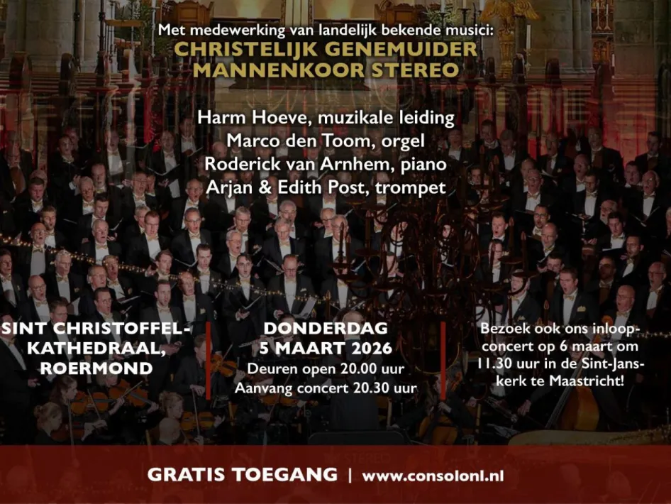 Affiche van het concert van Christelijk Genemuider Mannenkoor Stereo in de Sint-Christoffelkathedraal in Roermond op 5 maart 2026, met vermelding van dirigent Harm Hoeve en begeleidende musici.