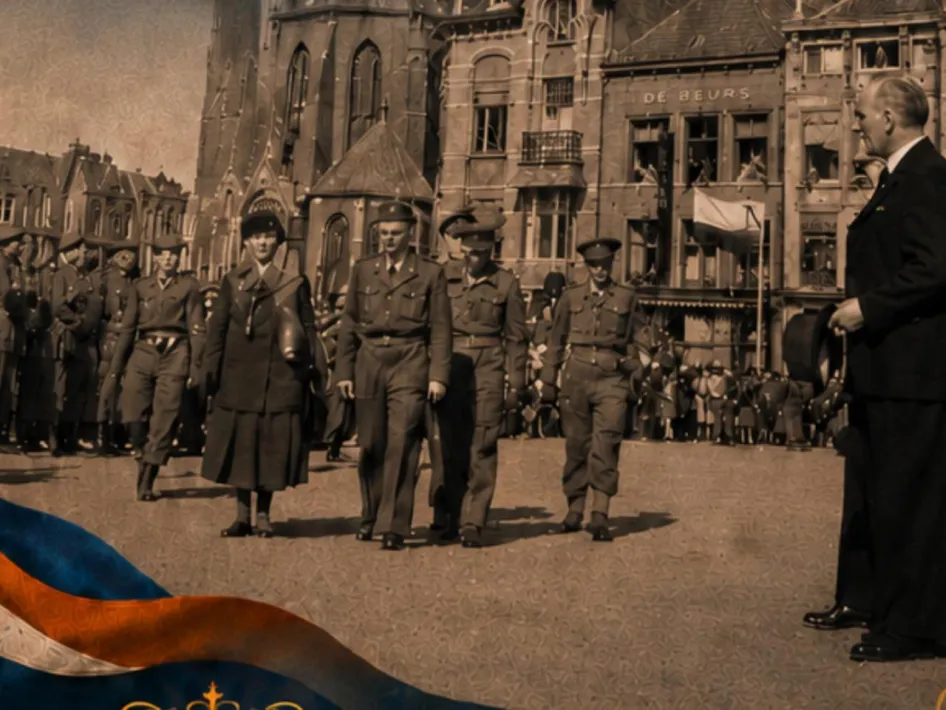 Historisch beeld bij de Tentoonstelling Tussen liefde en littekens Roermond, met koningin Wilhelmina tijdens haar bezoek aan de stad in 1945.