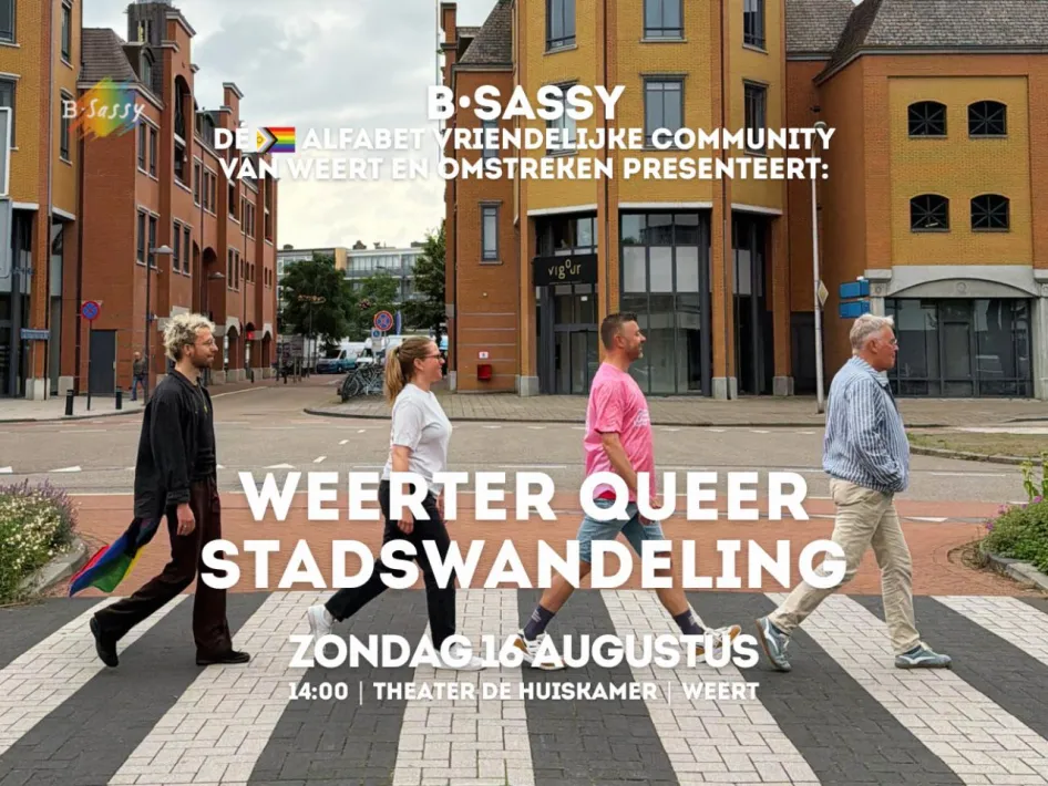 Promotiebeeld van de Weerter Queer stadswandeling met deelnemers in het centrum van Weert.