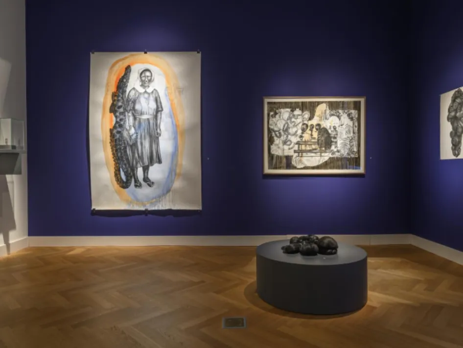 Kunstwerken van Danielle Lemaire in Museum W tijdens de tentoonstelling bij de Zomerse tekenworkshops.