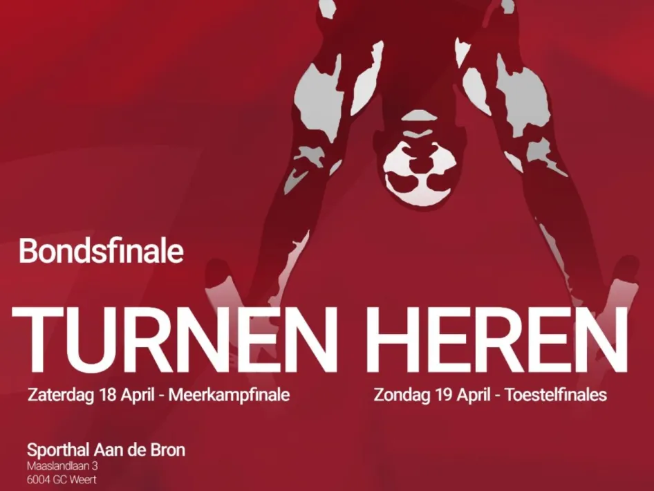 Bondskampioenschap heren turnen in Weert op 18 en 19 april, met poster van de meerkampfinale en toestelfinales in sporthal Aan de Bron.
