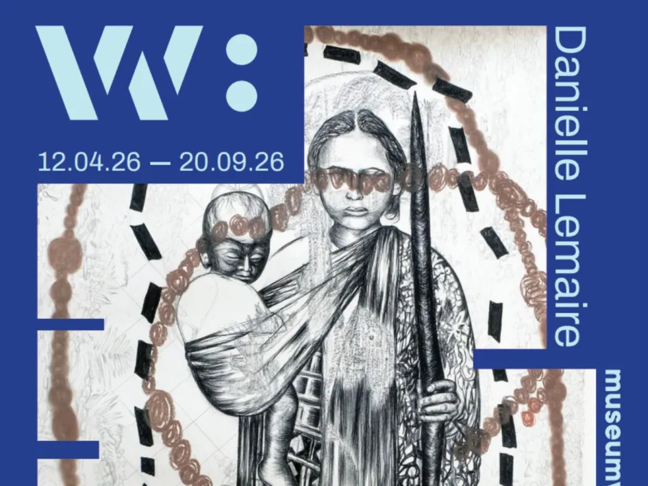 Tentoonstelling van Danielle Lemaire in Museum W met zwart-witte tekening van een vrouw met kind, omringd door symbolische vormen en de data 12.04.26 – 20.09.26.