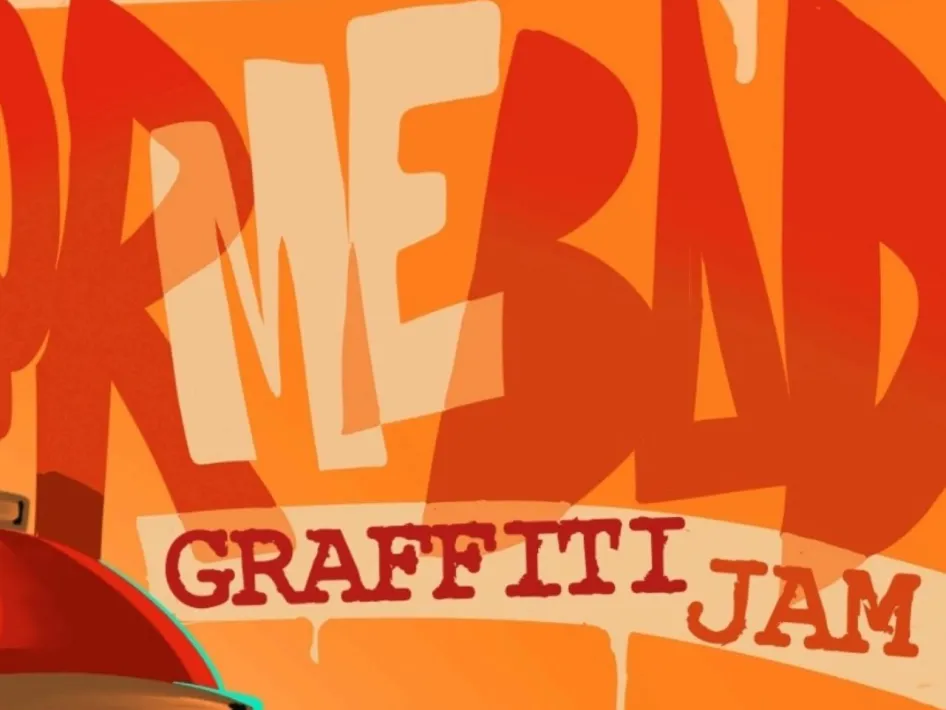 Expositie BARTKORE met oranje graffitiwand en tekst Graffiti Jam voor het openingsweekend in Weert.