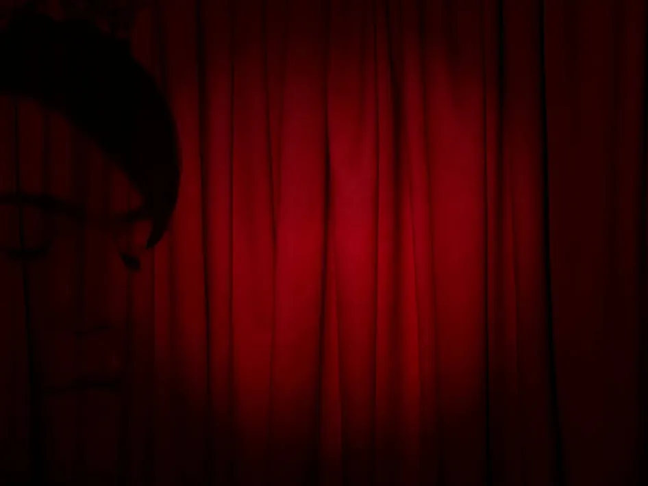 Rode theatergordijnen met een silhouet aan de zijkant, sfeerbeeld van de muziektheatervoorstelling Viva la Frida tijdens het Limburg Festival.