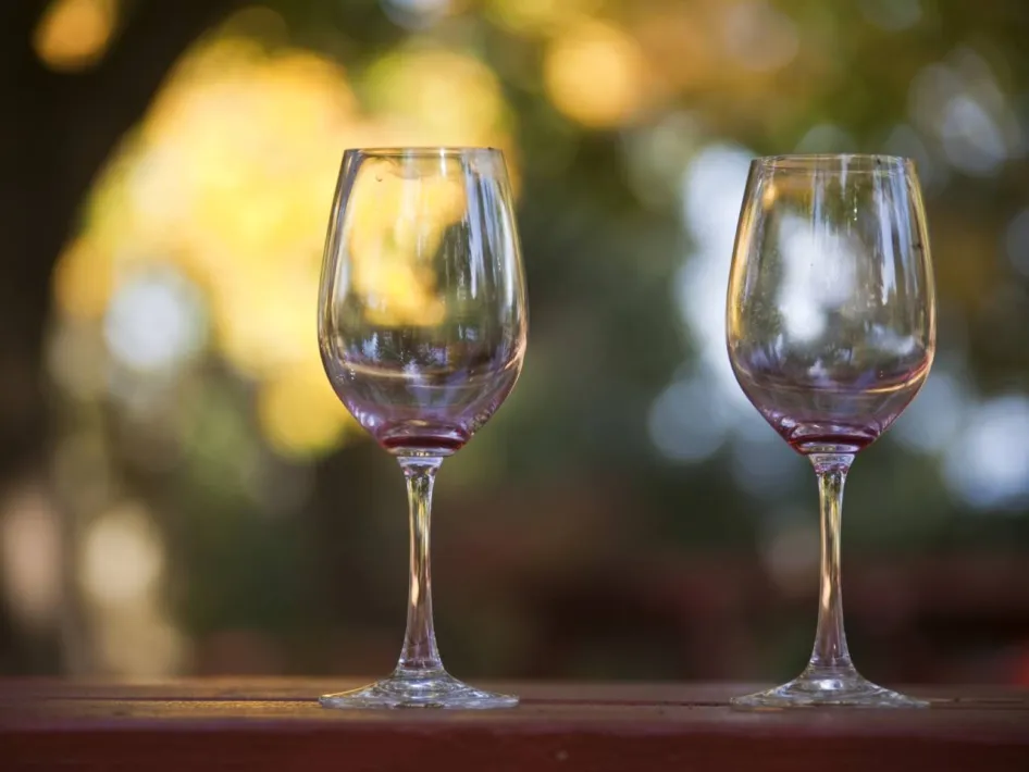 Twee lege wijnglazen op een terras tijdens de zomerwijnproeverij bij De Biecht in Herten.