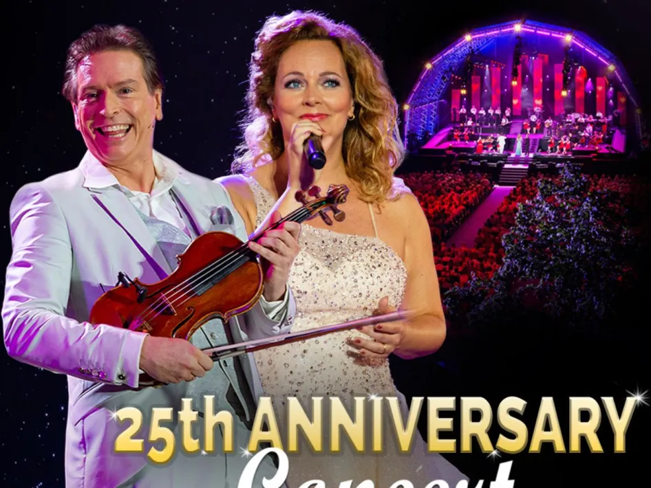 Guido Dieteren en Wendy Kokkelkoren tijdens een optreden, met op de achtergrond een kleurrijk verlicht podium en een volle concertarena. Tekst in beeld: "25th Anniversary Concert".