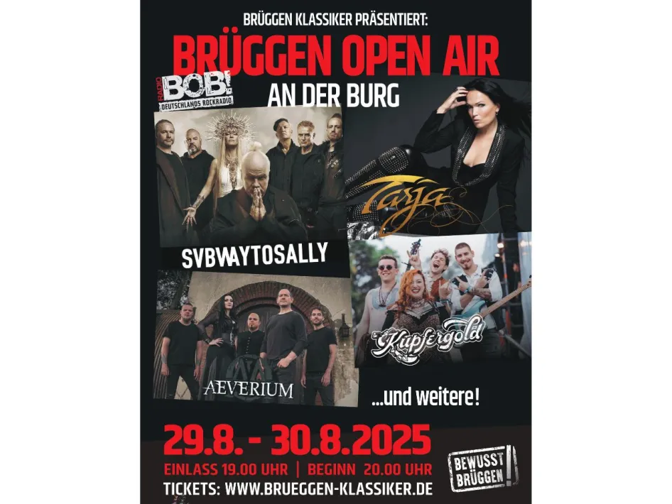 Poster for the music festival Brüggen Open Air an der Burg on 29 and 30 August 2025, presented by Radio BOB! with performances by Subway to Sally, Tarja, Aeverium, Kupfergold and more. Starts at 8:00 p.m., location: Burg Brüggen.