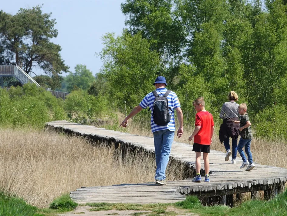 Wandelaars, waaronder een gezin met kinderen, lopen over een houten vlonderpad door een natuurgebied met grasland en groene bomen in de verte.