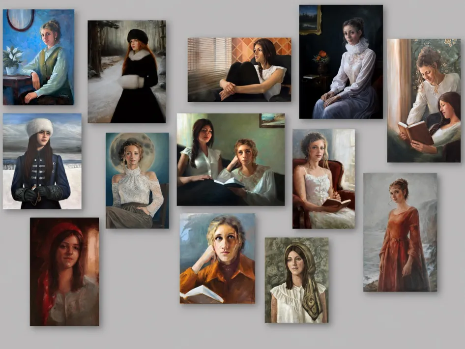 Collage van klassieke portretten, gemaakt door deelnemers aan een workshop modelschilderen onder begeleiding van portretschilder Svetlana Tartakovska.