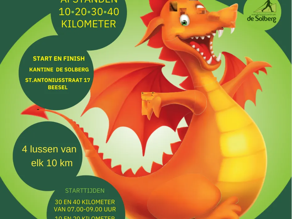 Poster van Drakentochten op zaterdag 11 juli 2026 met een grote oranje draak en informatie over afstanden van 10, 20, 30 en 40 kilometer, startlocatie bij Café-Zaal De Solberg en online inschrijving via wsc-de-solberg.nl.