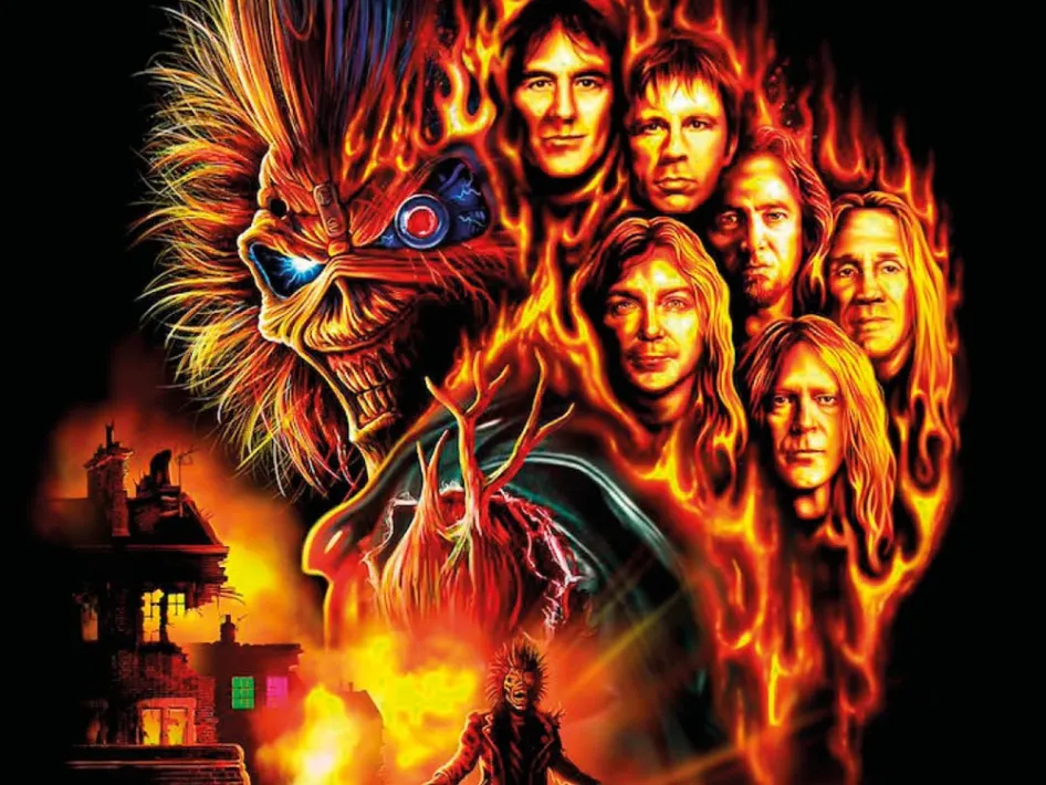 Vlammende albumcover van Iron Maiden Burning Ambitionmet bandleden en een figuur met masker bij een brandend gebouw.