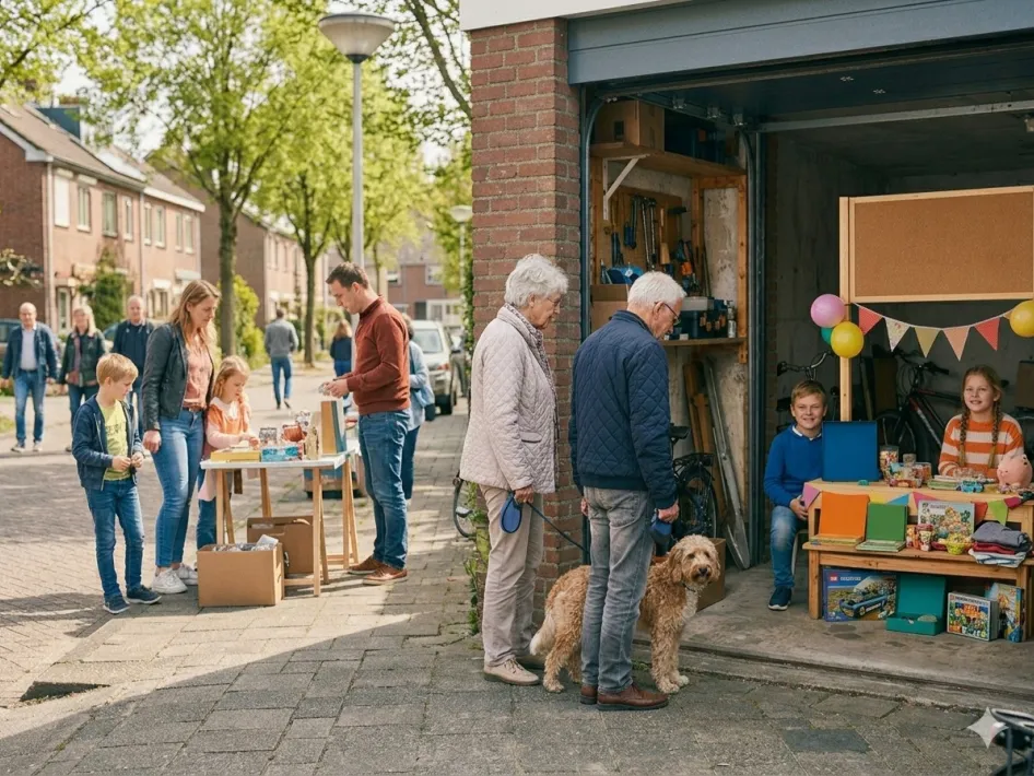 Buurtbewoners struinen langs kraampjes en een garage waar kinderen speelgoed verkopen tijdens een garagesale in Neer, met een ontspannen sfeer in de straat (AI-gegenereerde afbeelding).