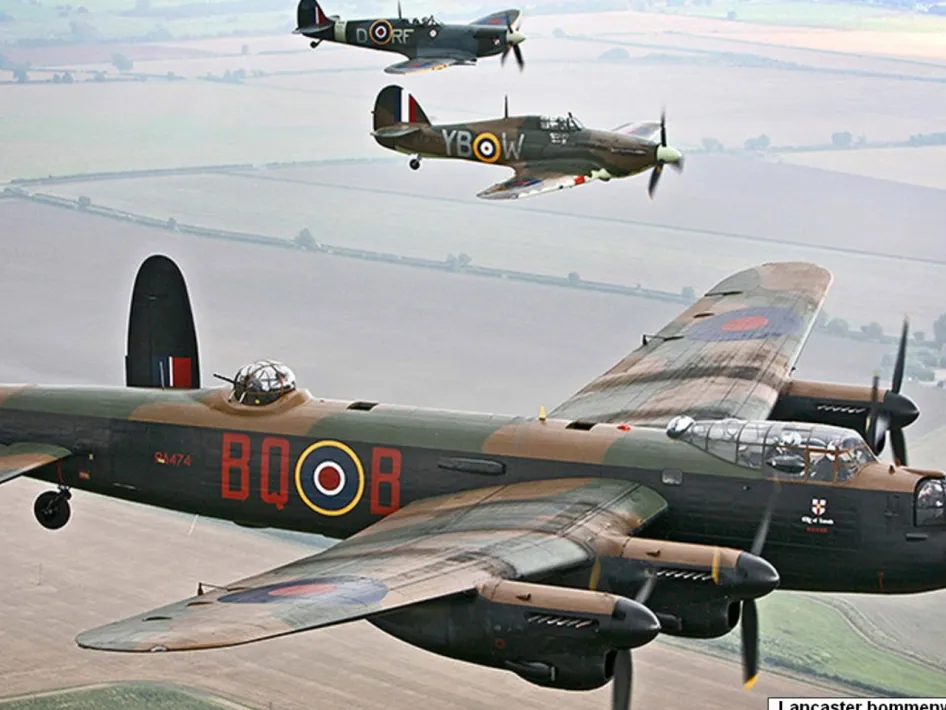Historic photo of a Lancaster bomber in formation, symbolizing the air raids in WWII near Beesel and Swalmen.