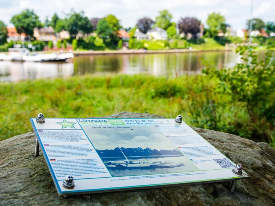 Liberation Route Europe information panel by the Meuse in Beesel, part of the Cycling Route Grenzgeschichten Beesel–Swalmen.