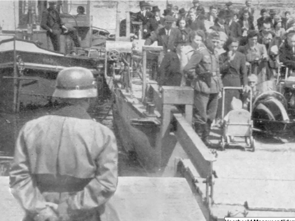 Black-and-white photo of German soldiers and civilians on the Maas ferry during WWII near Beesel.