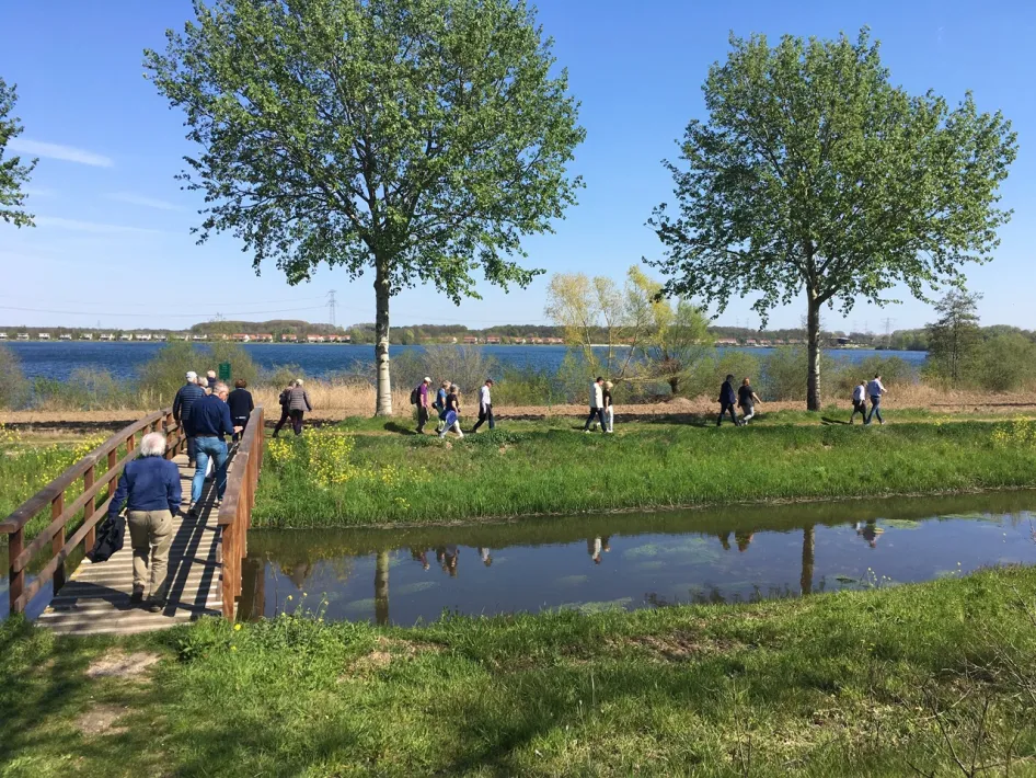 Wandelaars steken een brug over langs het water tijdens de Grindgatenroute bij Heel