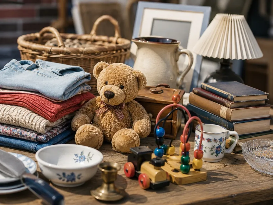Tafel vol tweedehands spullen tijdens een garagesale, met onder andere boeken, speelgoed, servies, kleding en woonaccessoires, uitgestald voor bezoekers die op zoek zijn naar bijzondere vondsten.