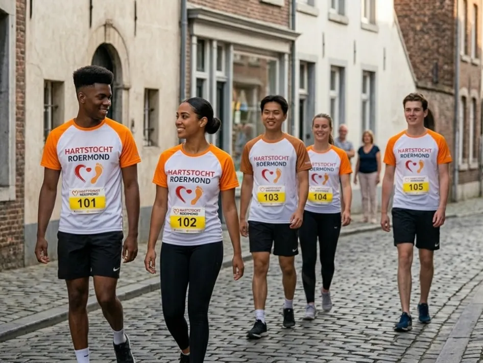 Een groep enthousiaste jonge wandelaars in witte T-shirts met het Hartstocht Roermond logo wandelt door een karakteristieke, smalle klinkerstraat in de binnenstad van Roermond.