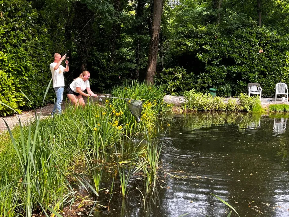 A man reels in a fish while a woman holds a landing net at the edge of a pond lined with tall grasses.