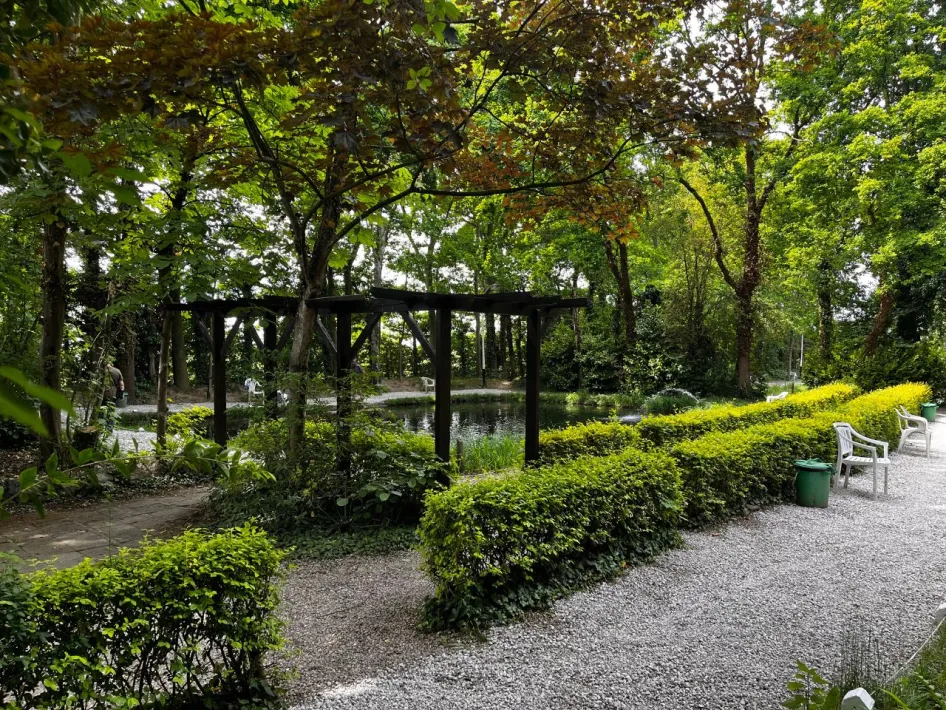 Zicht op een bosrijke omgeving met wandelpad, pergola en zicht op een serene vijver met rustige zitplekken.