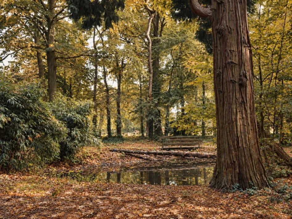 Een bos met hoge bomen, goudgele herfstbladeren en een houten bankje aan een kleine poel. Tijdens de herfstwandeling wandel je door dit bosrijke landschap.