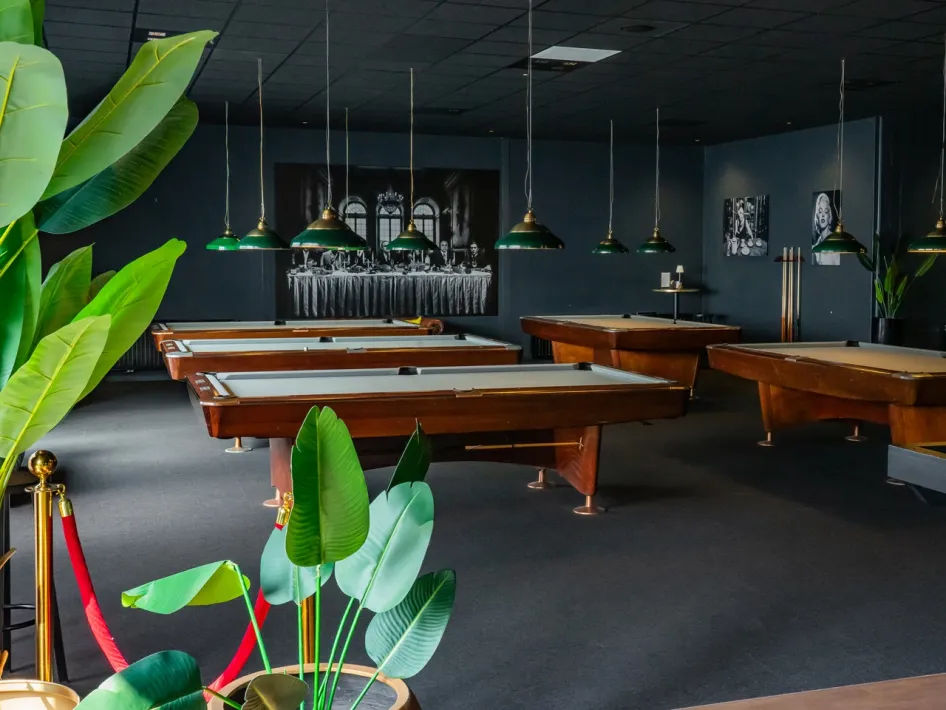 Several pool tables stand in a spacious room with hanging lamps and plants in the foreground.