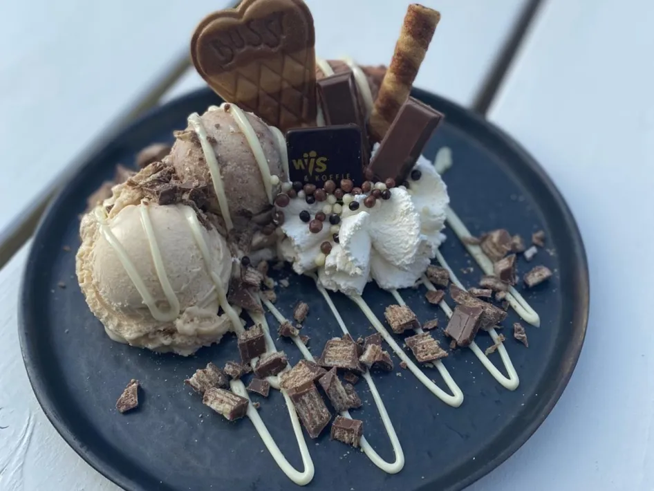 Artisanal ice cream sundae with chocolate and whipped cream at Wijs en Koffie.