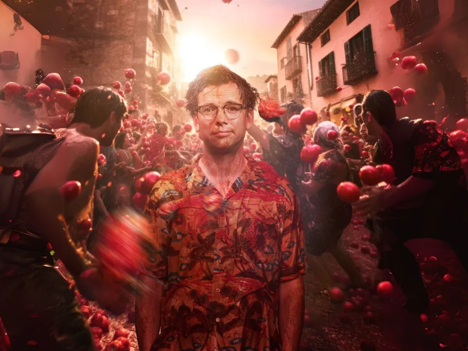 Pieter Derks onder de rode 'verf', rode bollen 'verf' over het hele beeld. Achter hem een zonsondergang te zien tussen twee rijen woningen waar veel mensen bij elkaar zijn, allemaal tussen de rode, zwevende 'verfbollen'.
