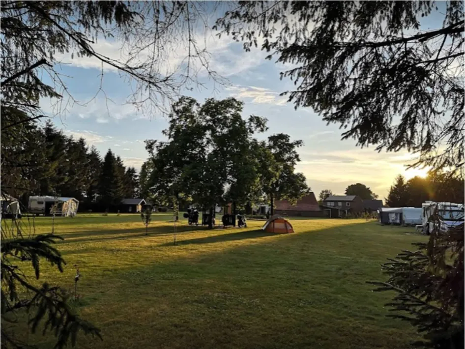Ruim kampeerveld met tenten en caravans bij zonsondergang, omringd door bomen bij Kampeerderij De Kaaiewaaier.
