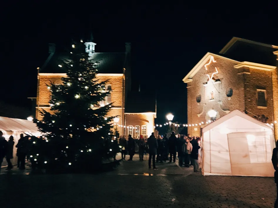 Een verlichte kerstboom op een sfeervol plein, omringd door mensen, feestverlichting en historische gebouwen in warme tinten.