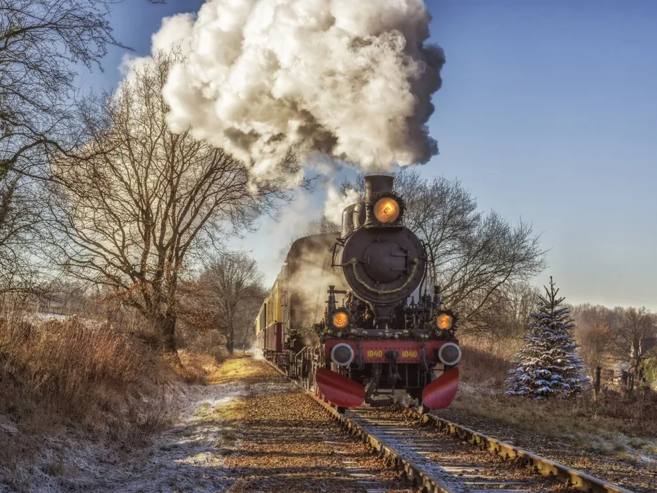 The steam locomotive of the Christmas Express with red details travels along a single track through a winter landscape beside the Miljoenenlijn.
