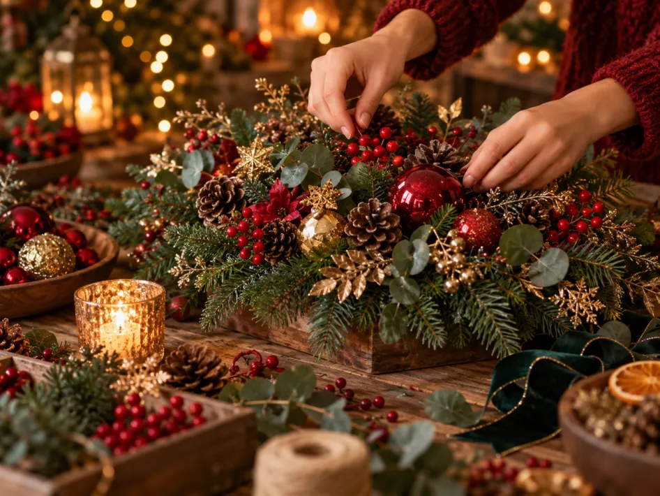 Handen versieren een kerststuk met dennengroen, rode bessen, dennenappels en gouden kerstdecoraties tijdens een sfeervolle kerstworkshop.