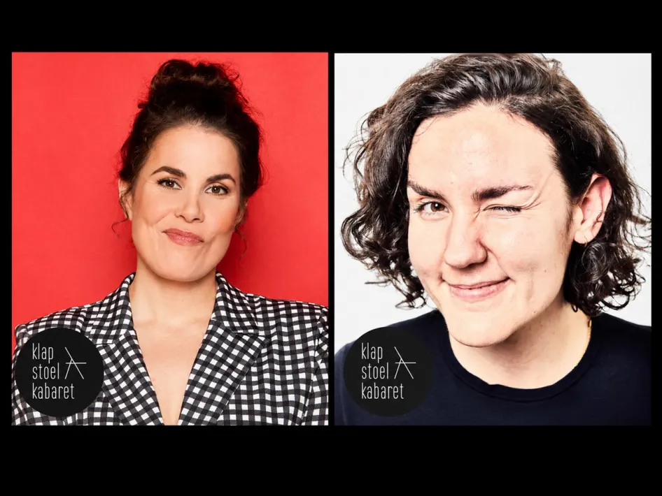 Portretten van cabaretiers Alina Sharipova en Daniëlle Schel, die optreden tijdens Klapstoelkabaret in Weert.