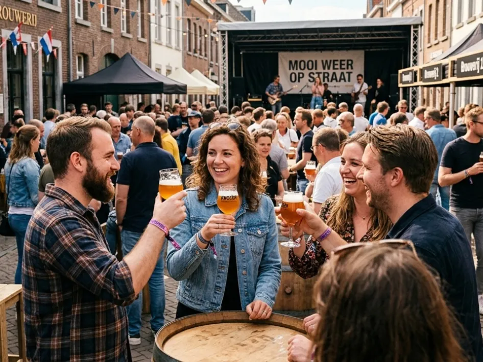 Een AI-gegenereerde foto van een levendig bierfestival op de Slachterijstraat voor 'De Stadsbrouwerij'. Een groep vrienden geniet van bier aan een statafel. Er zijn kraampjes van brouwerijen en op een podium treedt de band 'Mooi Weer Op Straat' op.