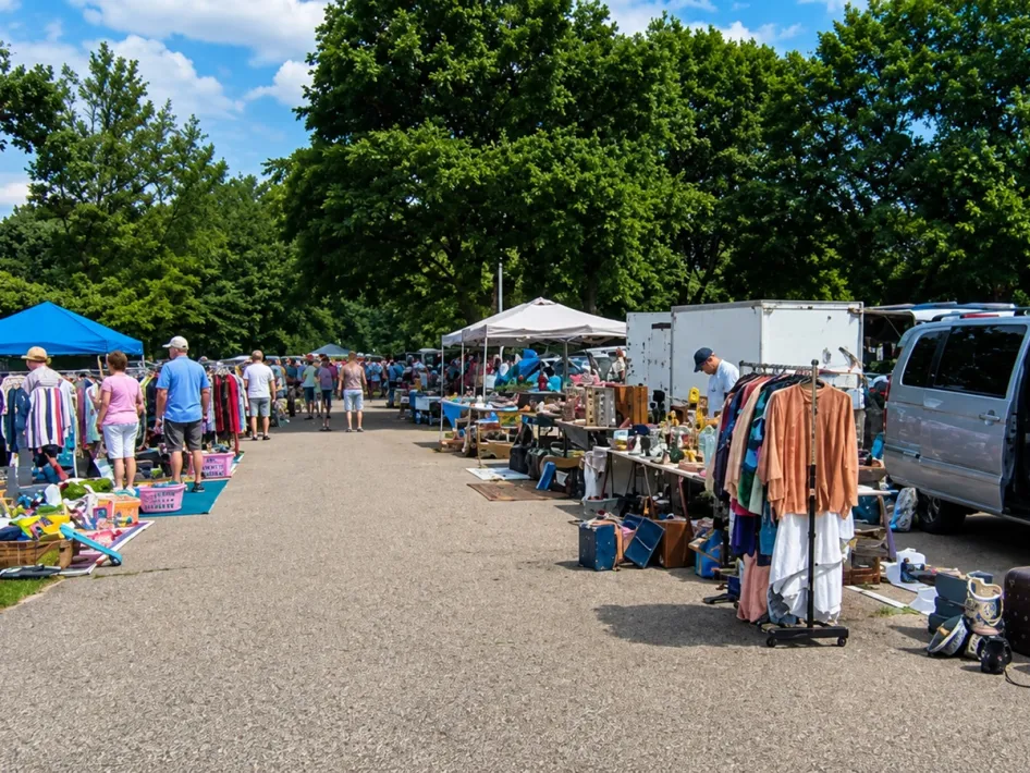 Bezoekers lopen langs kramen en auto’s tijdens de kofferbakverkoop Maasbracht op een zonnig parkeerterrein.