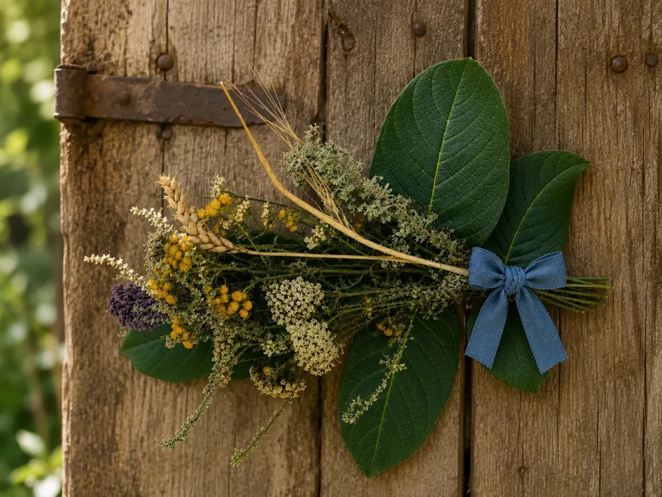 Kroetwusj van wilde bloemen, kruiden en aren, samengebonden met een blauw lint en bevestigd aan een houten deur tijdens de Kroetwusjwandeling in het Leudal