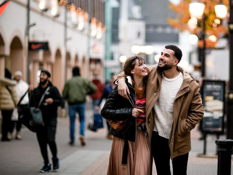 Twee mensen lopen arm in arm door een verlichte winkelstraat tijdens Late Night Shopping bij Designer Outlet Roermond.